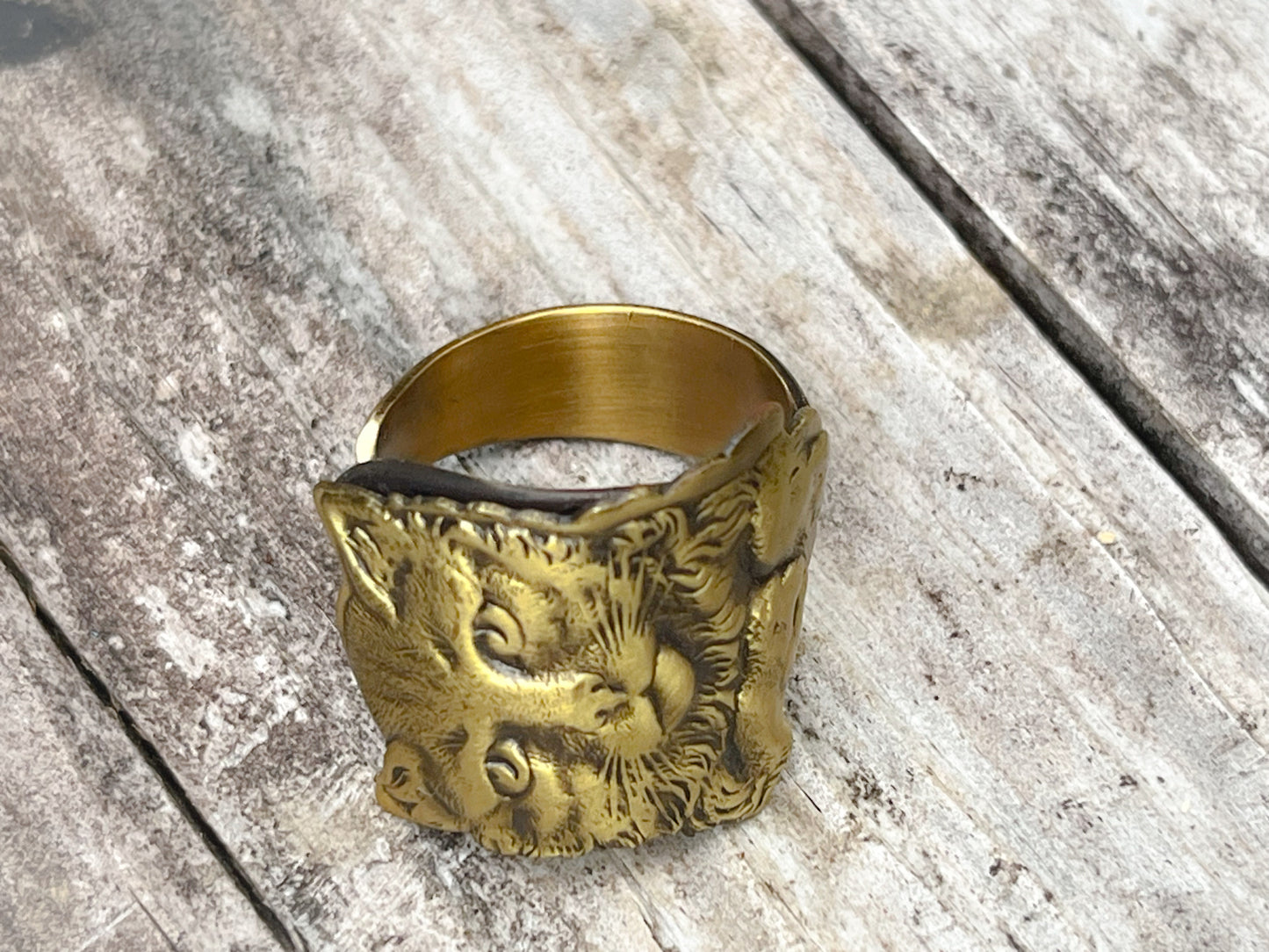 Vintage Brass Cat Face Spoon Ring