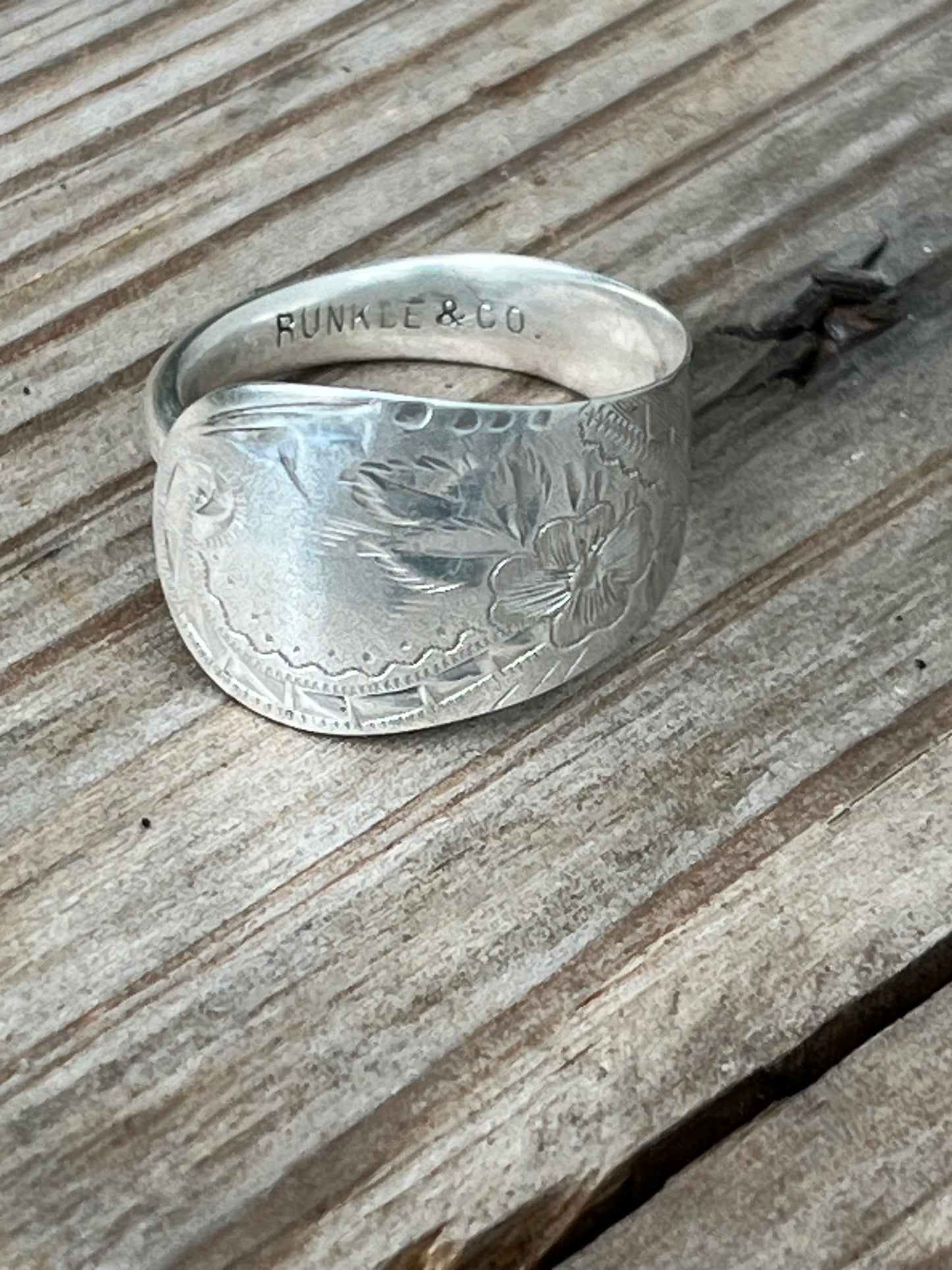 1850-1899 Antique Sterling Silver Hand Etched Spoon Ring