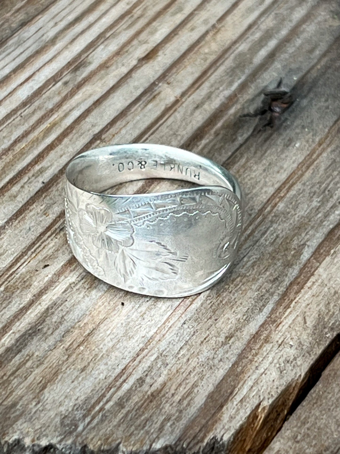 1850-1899 Antique Sterling Silver Hand Etched Spoon Ring