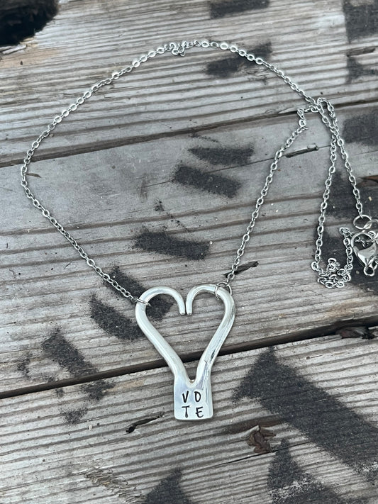 Hand stamped Fork Heart Vote Pendant