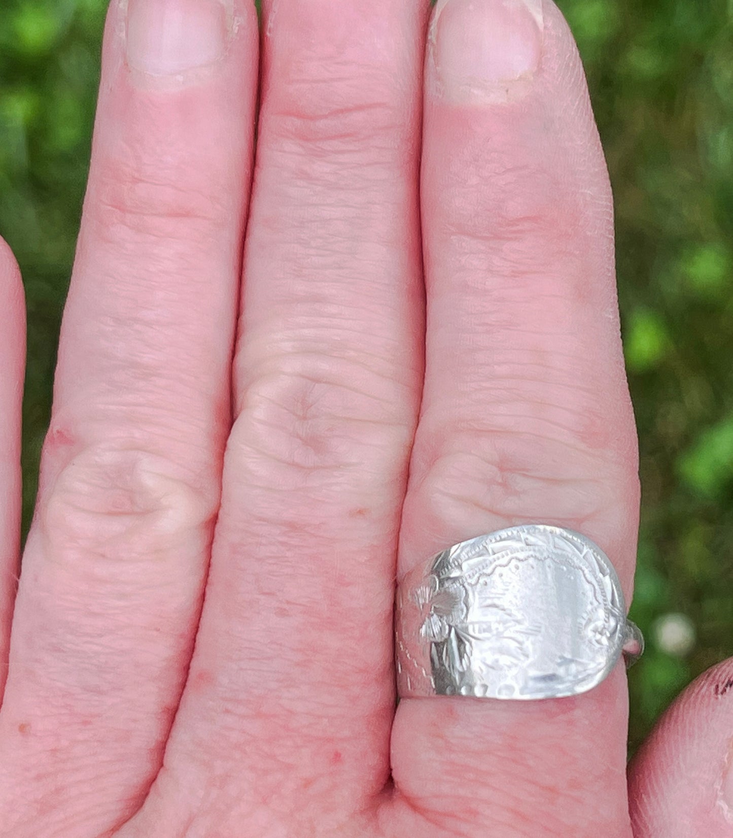 1850-1899 Antique Sterling Silver Hand Etched Spoon Ring