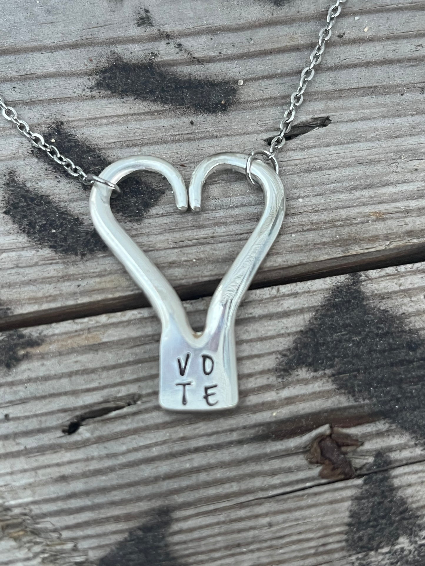 Hand stamped Fork Heart Vote Pendant